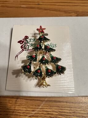 Happy Holidays Christmas Tree Brooch Pin, Gold Color w/ Round red Crysta Crystal